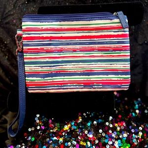 Striped cosmetic bag with wristlet